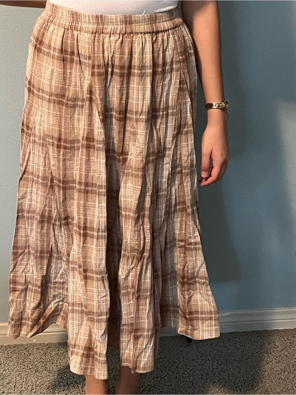 Women's Beige Plaid Midi Skirt - Casual Lightweight